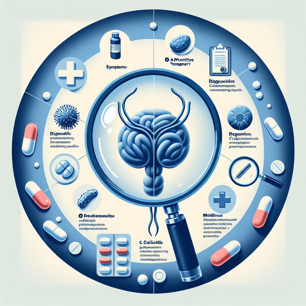 Illustration depicting symptoms, diagnostics, and treatments related to E. coli prostatitis.